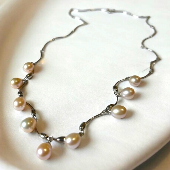 Sterling 925 Silver and Pearl Necklace  Scalloped Chain Champagne Pearls 18 in - Picture 1 of 9